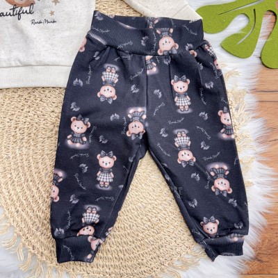 Conj. Blusa Moletom de Linho I'm So Beautiful e Calça Ursinhas - Areia e Preto